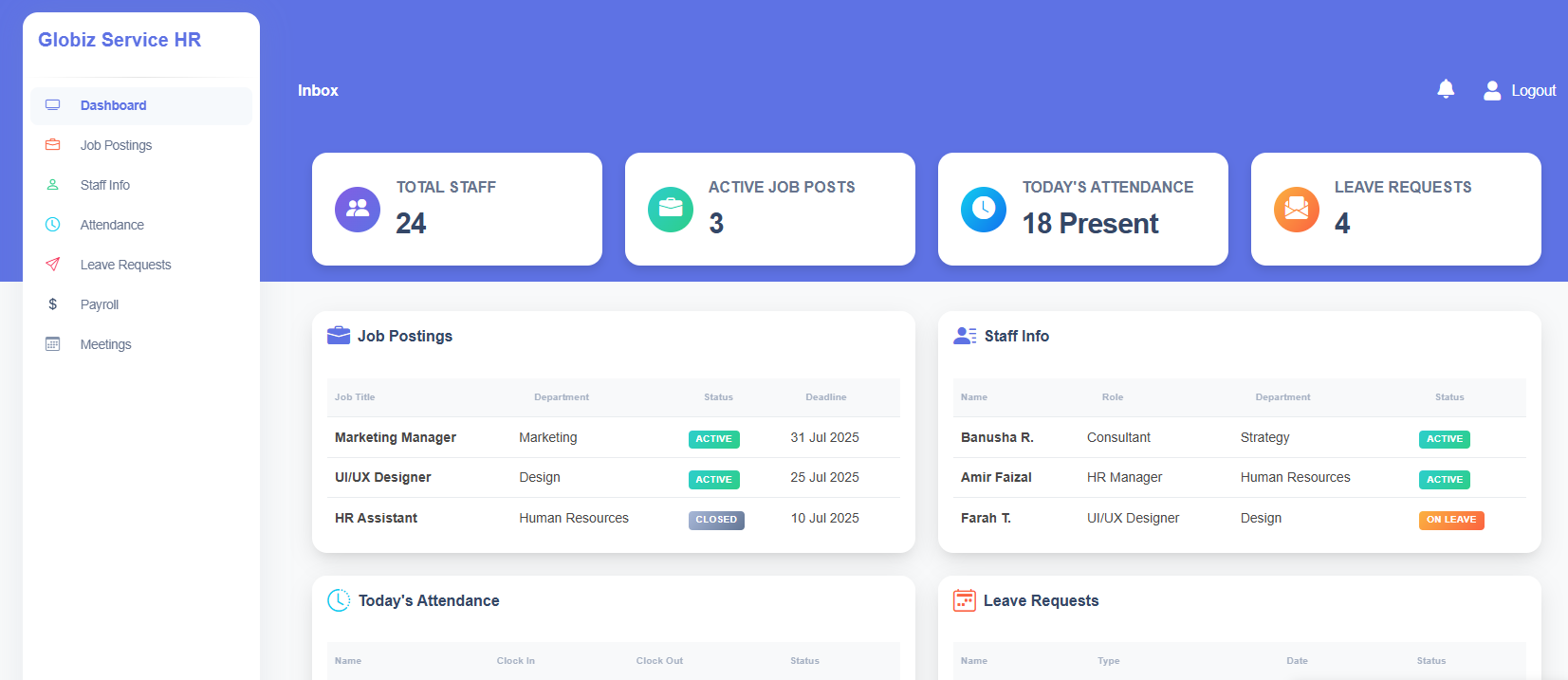 Globiz Service HR Dashboard screenshot